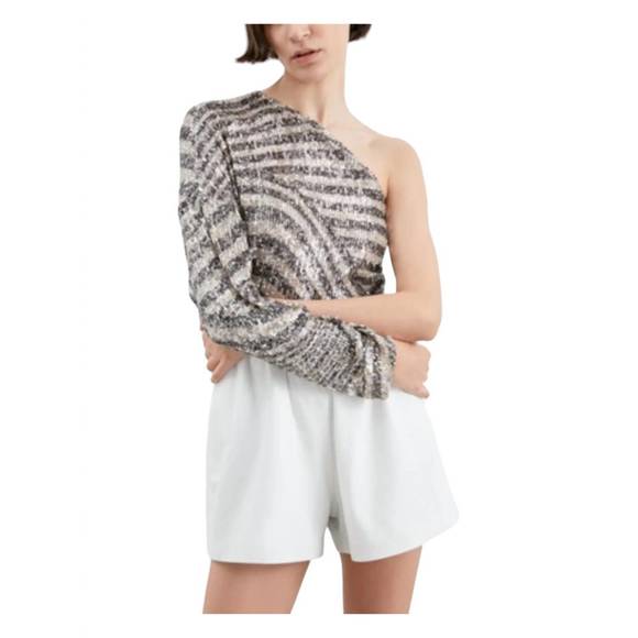 NEW IN THE MOOD FOR LOVE asymmetrical linear print top in beige-emerald - Picture 1 of 2